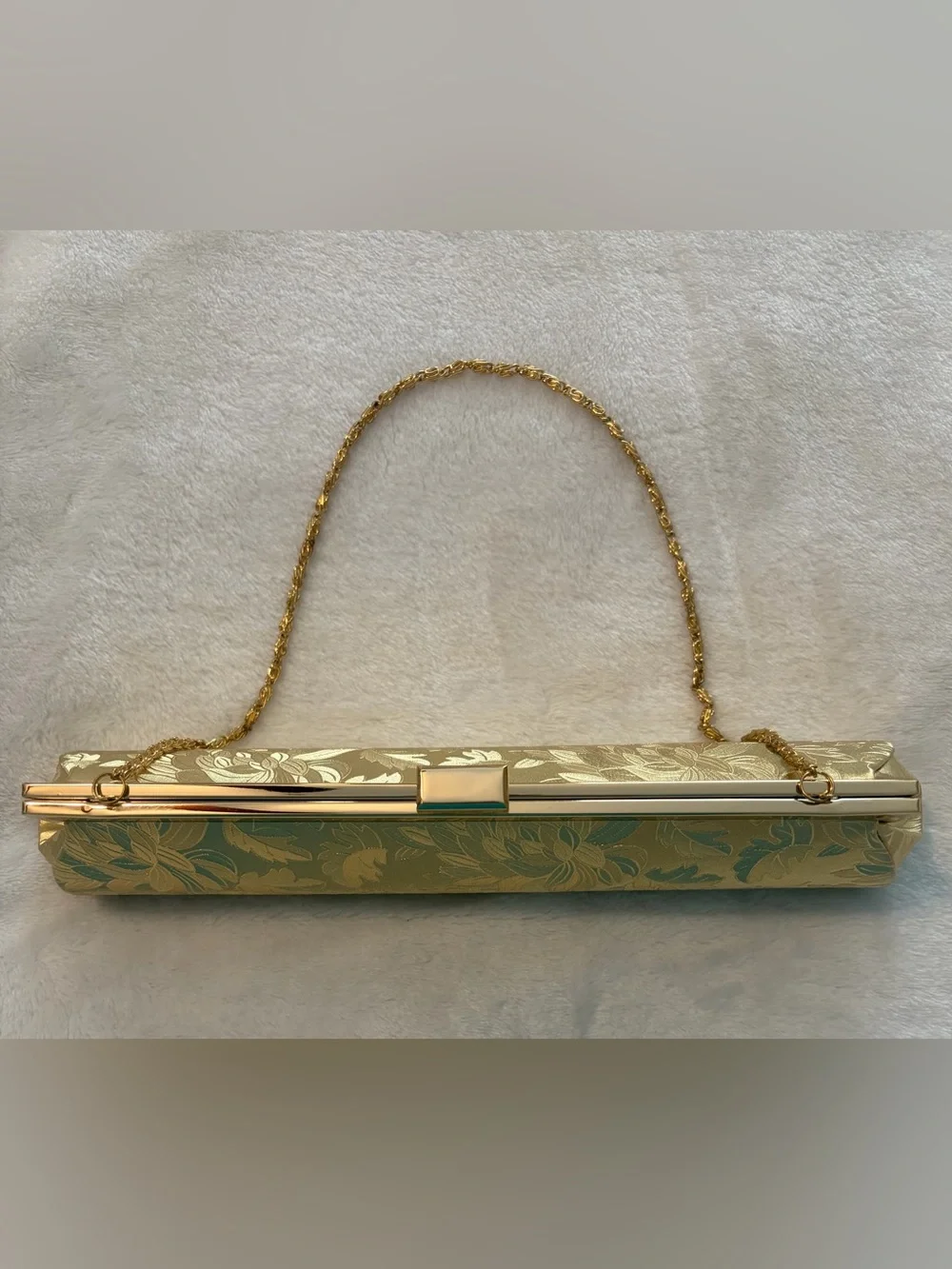 Gold Floral Embossed Evening Clutch with Chain Strap